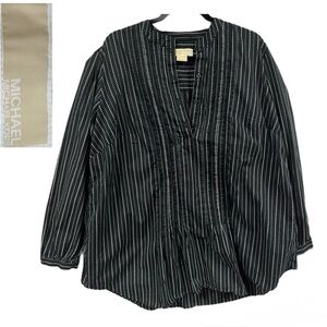 ❤️ MICHAEL Michael Kors Black & White Striped Blouse  Button-Up V-Neck 2X